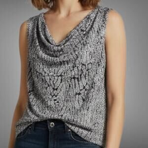 Jennie & Marlis Blouse Women SZ S Black White Print Cowl Neck Stretch Sleeveless